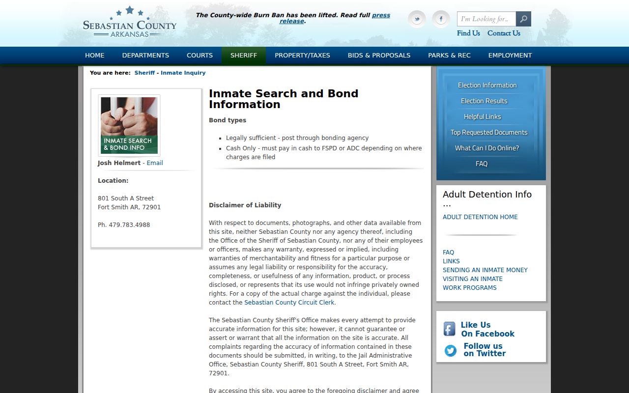 Sebastian County inmate inquiry agreement and booking search