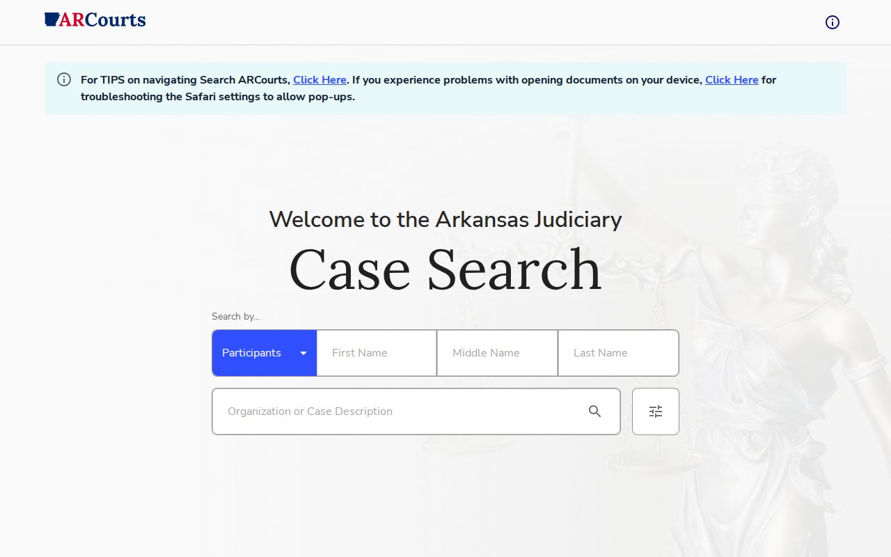 Search ARCourts interface for Sebastian County criminal court cases