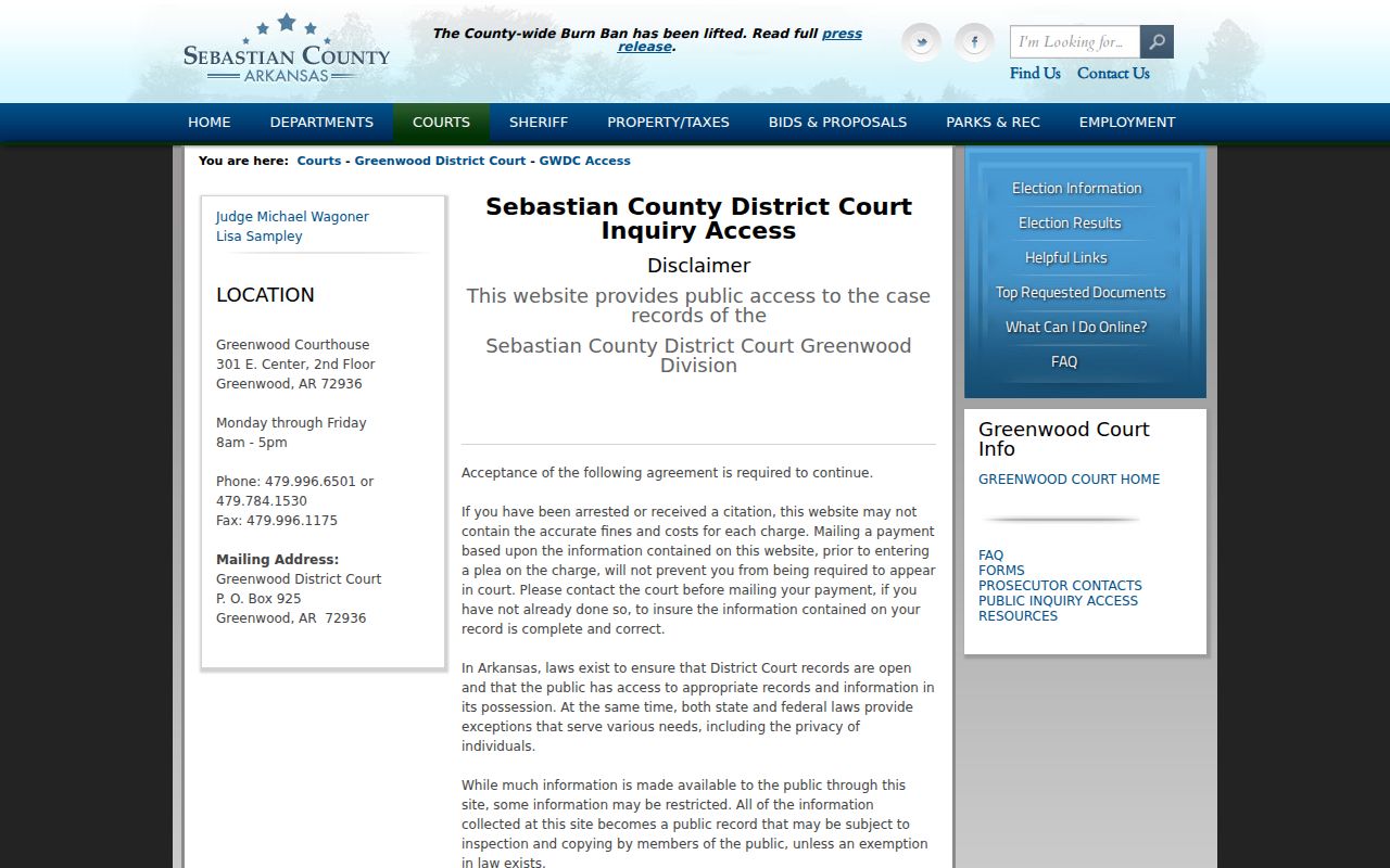 Greenwood District Court public inquiry access for Sebastian County cases