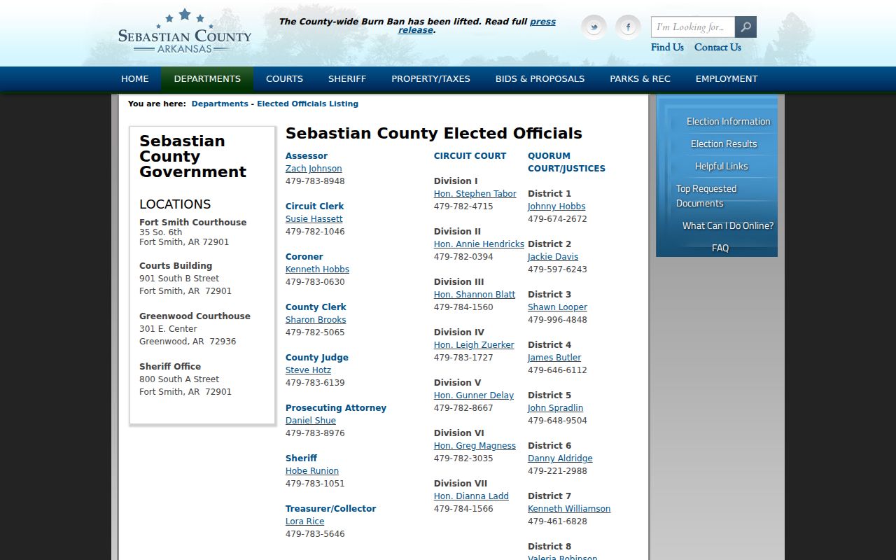Sebastian County courthouse officials and contact listing
